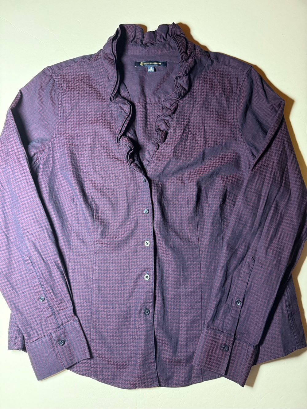 Brooks Brothers Size 14 Plum Houndstooth Ruffle Collar Button Down Blouse